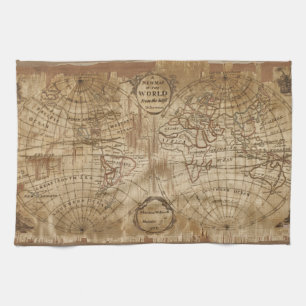 1783 Vintage Antique World Map with Embroidery Kitchen Towel