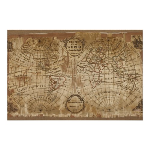 1783 Vintage Antique World Map with Embroidery Poster