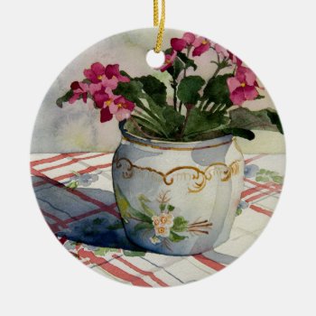 1790 African Violets In Blue Pot Ceramic Ornament by RuthGarrison at Zazzle