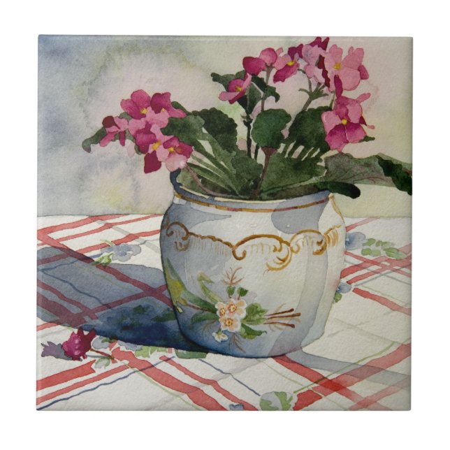 1790 African Violets in Blue Pot Ceramic Tile (Front)