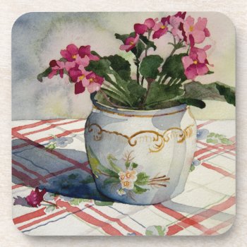 1790 African Violets In Blue Pot Drink Coaster by RuthGarrison at Zazzle