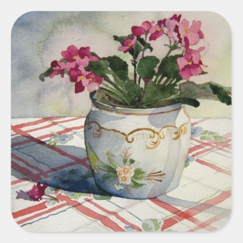 1790 African Violets In Blue Pot Square Sticker by RuthGarrison at Zazzle