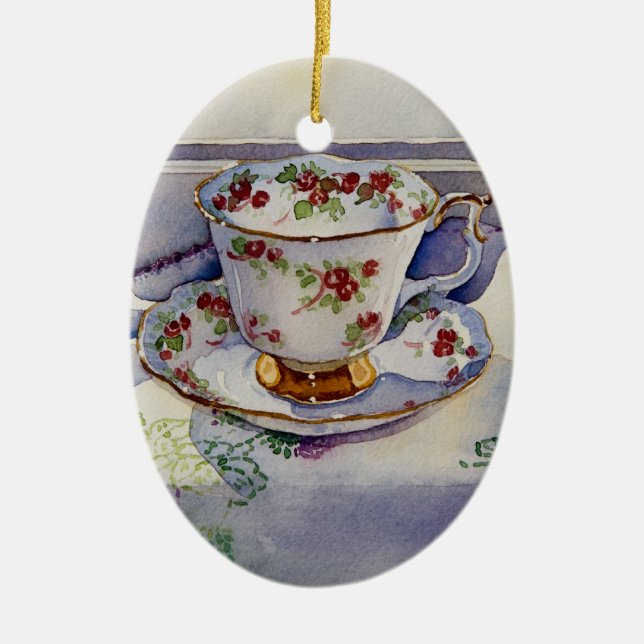1799 Teacup on Linen Ceramic Ornament (Front)