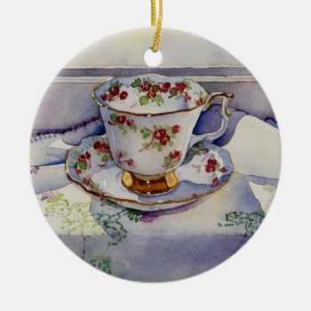 1799 Teacup On Linen Ceramic Ornament by RuthGarrison at Zazzle