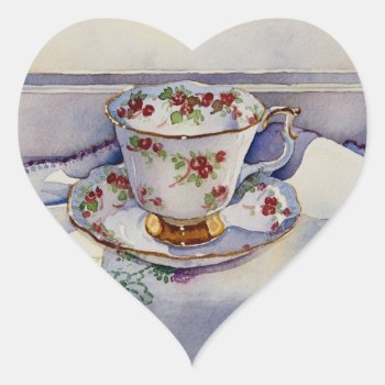 1799 Teacup On Linen Heart Sticker by RuthGarrison at Zazzle