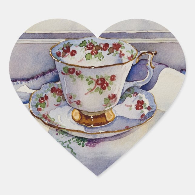 1799 Teacup on Linen Heart Sticker (Front)