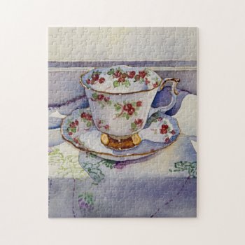 1799 Teacup On Linen Jigsaw Puzzle by RuthGarrison at Zazzle