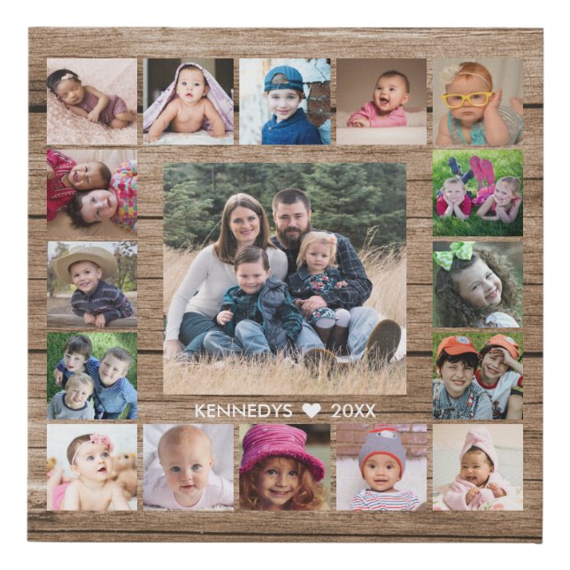 17 Family Photo Collage Create Your Own Barn Wood Faux Canvas Print (Front)