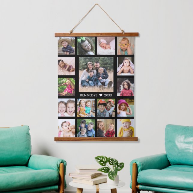 17 Family Photo Collage Create Your Own Black   Hanging Tapestry (Living Room)