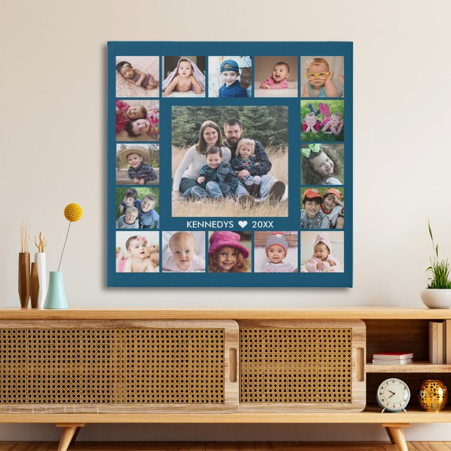 17 Family Photo Collage Create Your Own Blue Faux Canvas Print (Creator Uploaded)