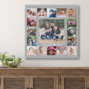 17 Family Photo Collage Create Your Own Gray Faux Canvas Print
