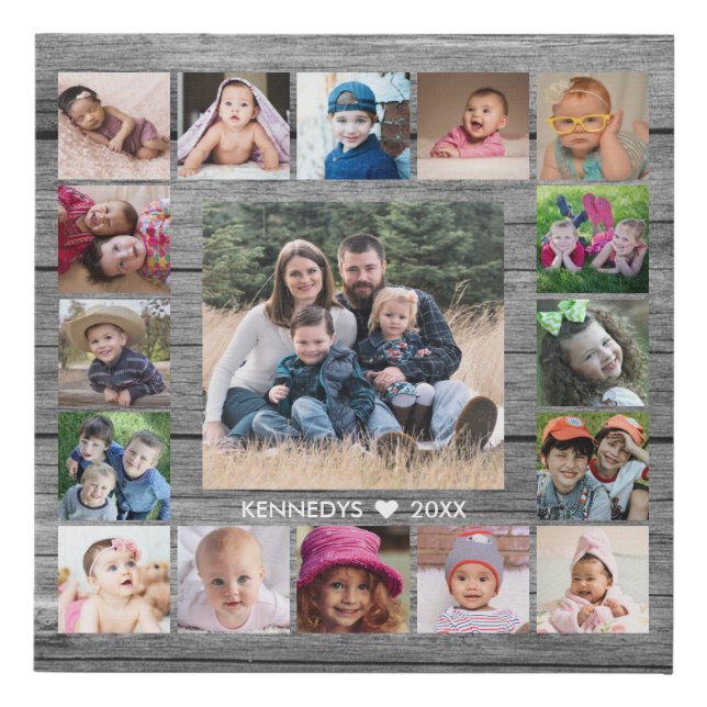 17 Family Photo Collage Create Your Own Gray Wood Faux Canvas Print (Front)
