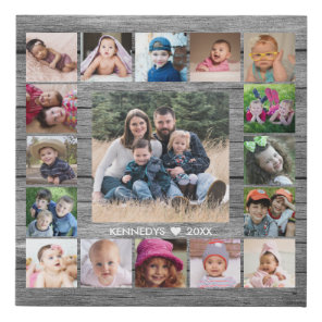 17 Family Photo Collage Create Your Own Gray Wood Faux Canvas Print