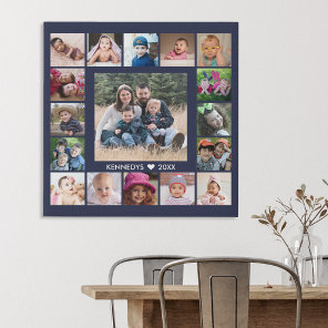 17 Family Photo Collage Create Your Own Navy Blue Faux Canvas Print