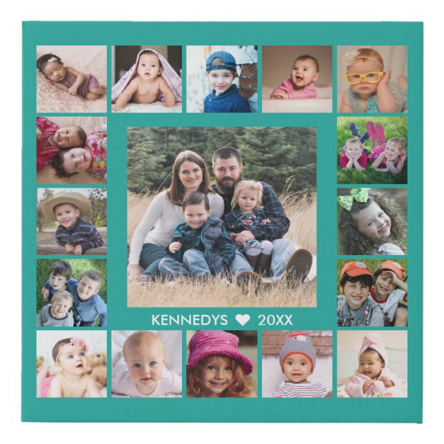 17 Family Photo Collage Create Your Own Teal Faux Canvas Print (Front)
