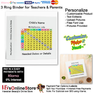 17 Learn Multiplication Child's Name Date Teacher  3 Ring Binder
