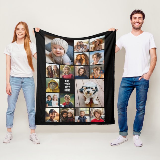 17 Photo Collage and Text - Can Edit Black Fleece Blanket (In Situ)