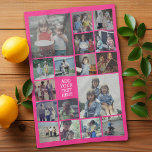 17 Photo Collage and Text - Can Edit Hot Pink Kitchen Towel<br><div class="desc">A design with a basic hot pink background. Use up to 17 square photos to create a unique and personal gift. If you need to adjust the pictures,  click on the customize tool to make changes.</div>