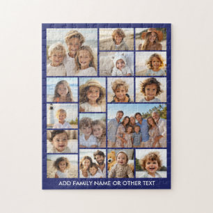 17 Photo Collage and Text - Modern Blue and White Jigsaw Puzzle