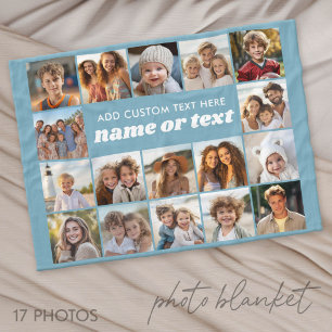 17 Photo Collage - Blue with Text Block in Center Fleece Blanket