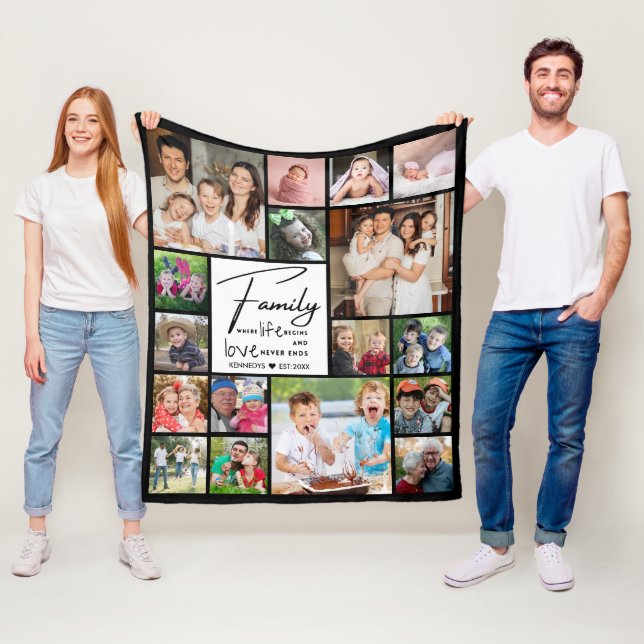 17 Photo Collage Family Name Quote Black And White Fleece Blanket (In Situ)
