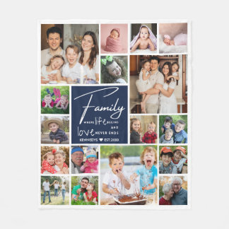 17 Photo Collage Family Name Quote Blue And White Fleece Blanket