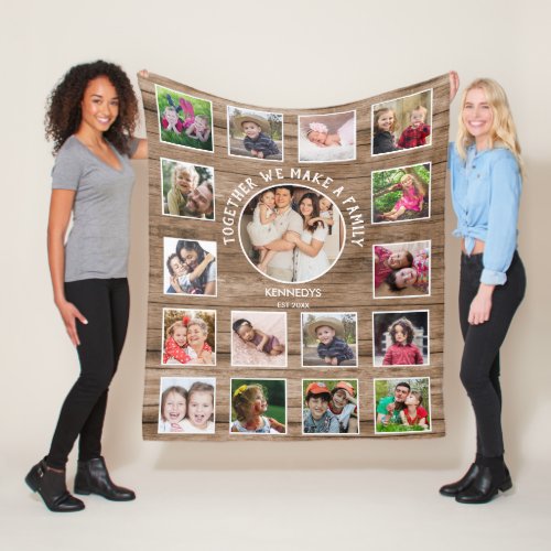 17 Photo Collage Family Name Quote Rustic Wood Fleece Blanket