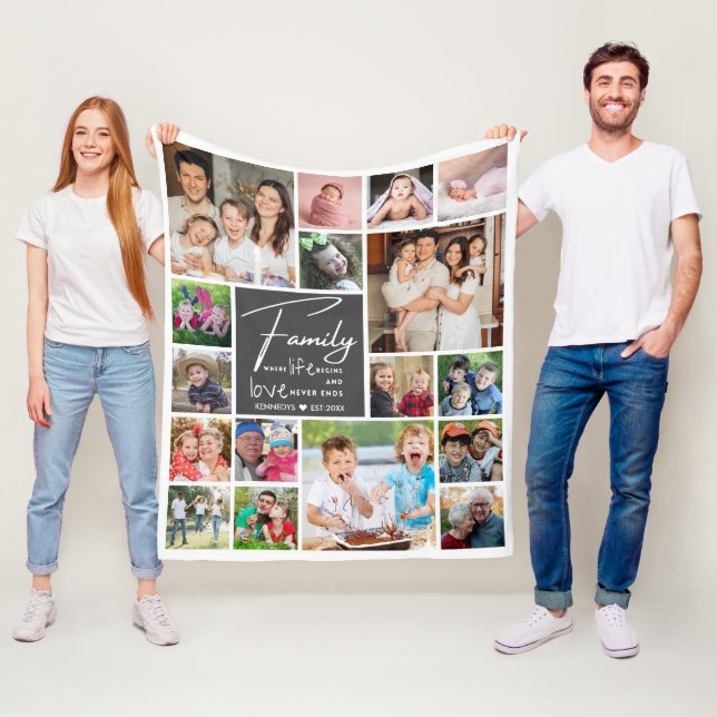 17 Photo Collage Family Quote Name Gray And White Fleece Blanket (In Situ)