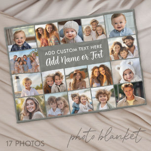 17 Photo Collage - Grey with Text Block in Center Fleece Blanket