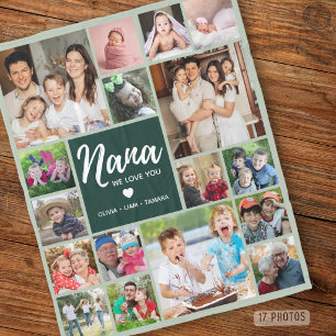17 Photo Collage Nana We Love You Sage Green Fleece Blanket