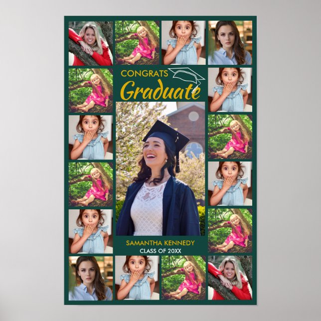 17 Photo Collage Template Congrats Grad 20XX Green Poster (Front)