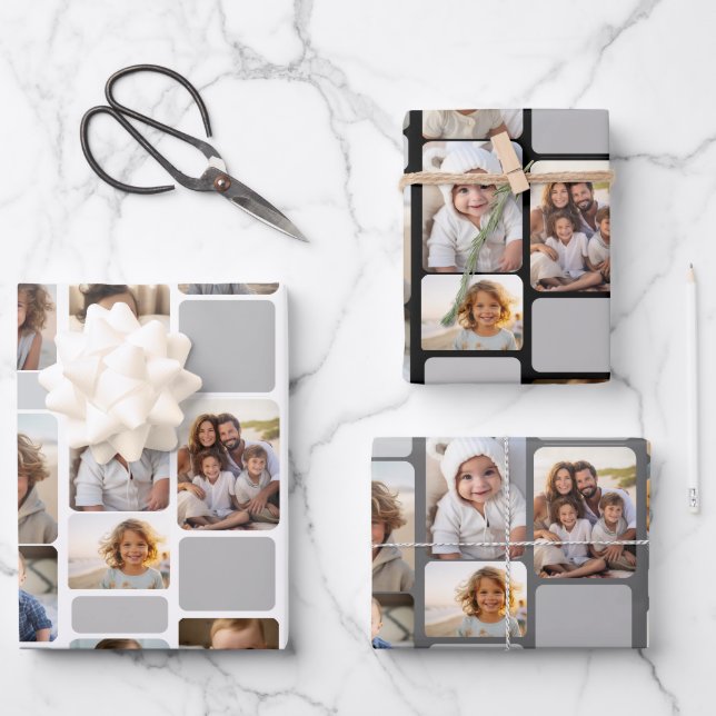 17 Photo Collage with Mod Pattern - Gray Shades Wrapping Paper Sheets (Front)