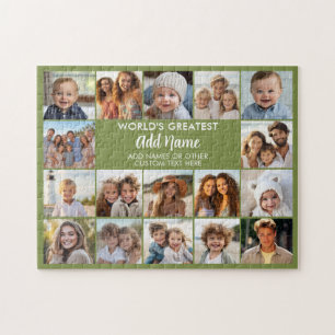 17 Photo Collage with Text Block in Center - Green Jigsaw Puzzle