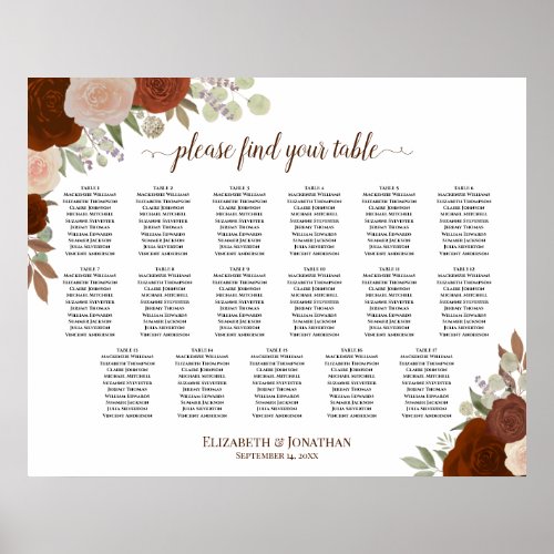 17 Table Autumn Boho Roses Wedding Seating Chart