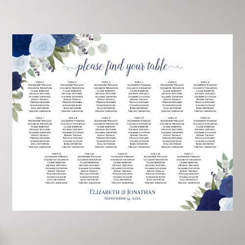 17 Table Blue Boho Floral Wedding Seating Chart