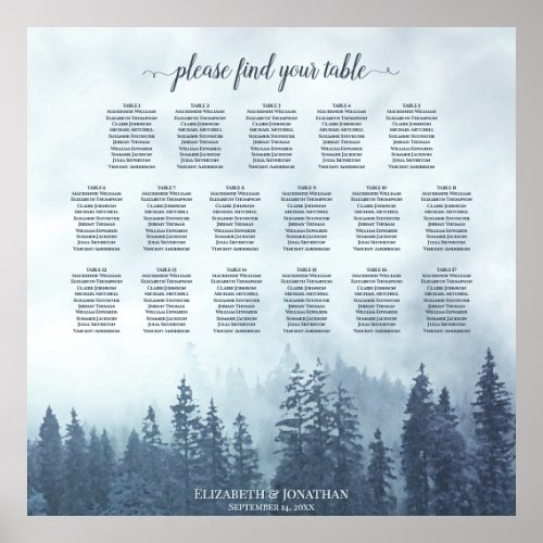 17 Table Blue Pine Forest Wedding Seating Chart