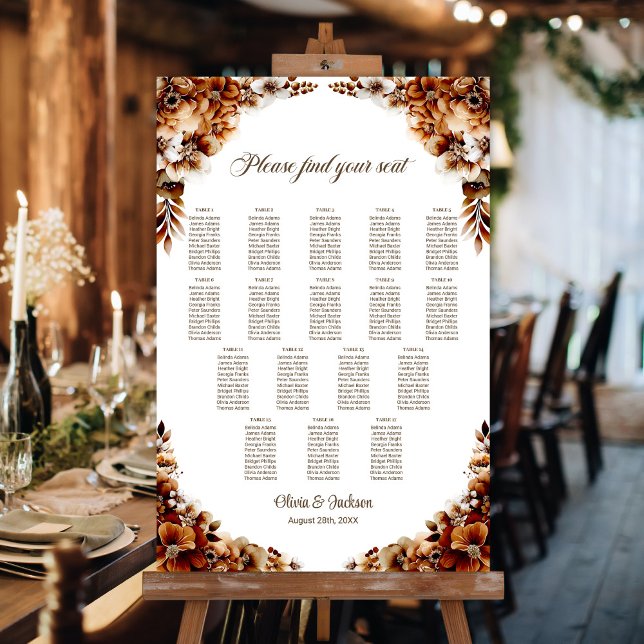 17 Table Burnt Orange Floral Wedding Seating Chart Foam Board (Creator Uploaded)