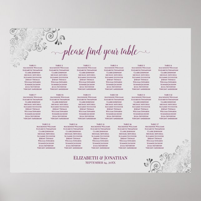 17 Table Cassis on Gray Wedding Seating Chart (Front)