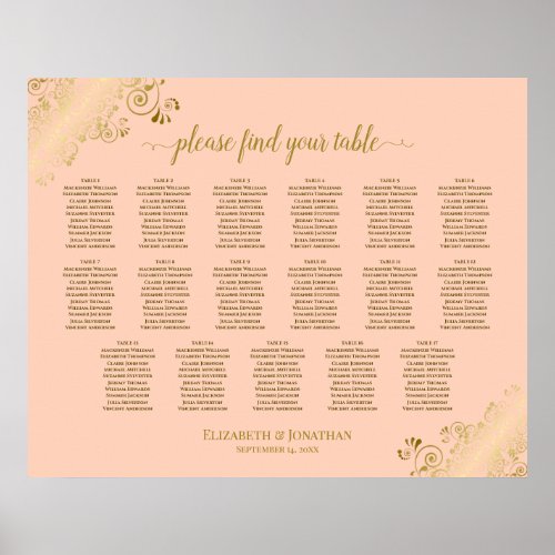 17 Table Coral Peach  Gold Wedding Seating Chart