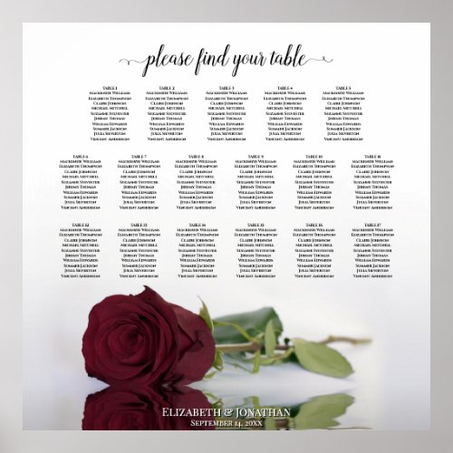 17 Table Elegant Burgundy Rose Seating Chart