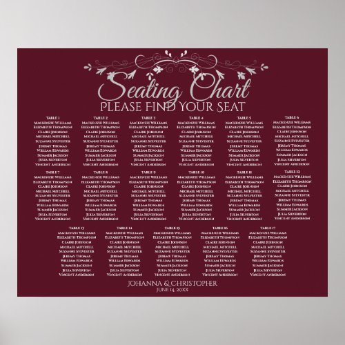 17 Table Elegant Burgundy Wedding Seating Chart