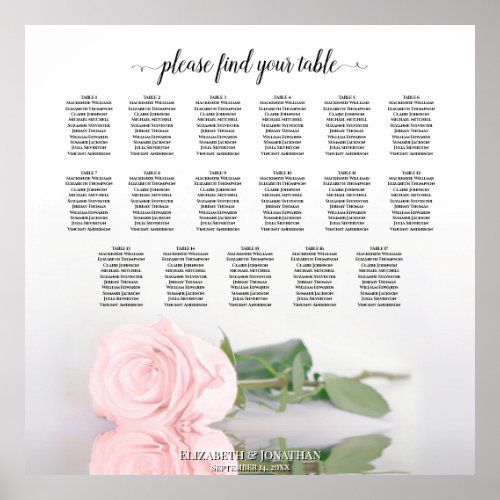 17 Table Elegant Pink Rose Wedding Seating Chart