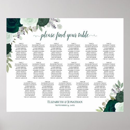 17 Table Emerald Boho Floral Wedding Seating Chart