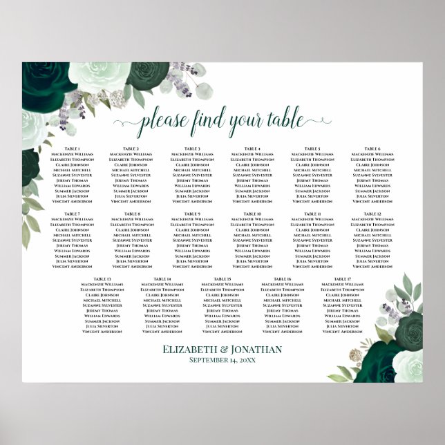 17 Table Emerald Boho Floral Wedding Seating Chart (Front)