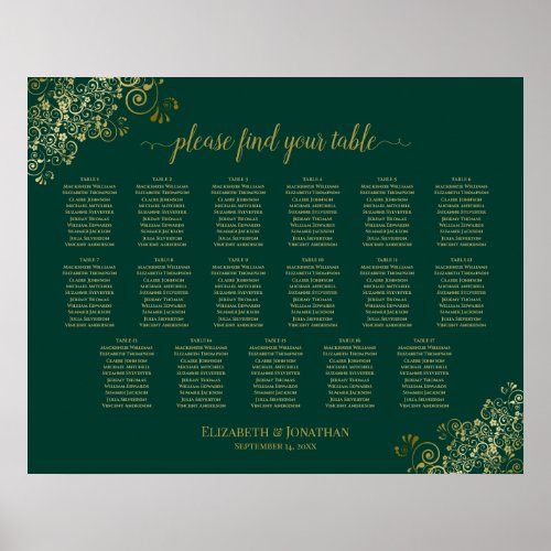 17 Table Emerald Green Gold Wedding Seating Chart