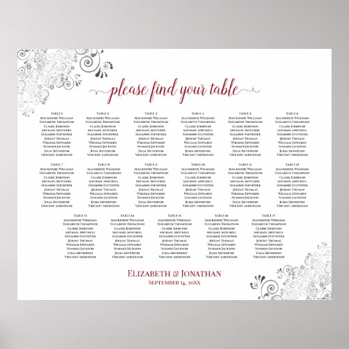 17 Table Frilly White Wedding Seating Chart Red