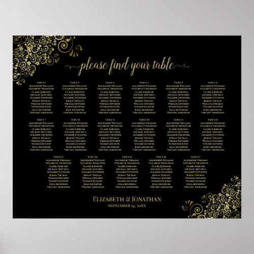 17 Table Gold Frills Black Wedding Seating Chart