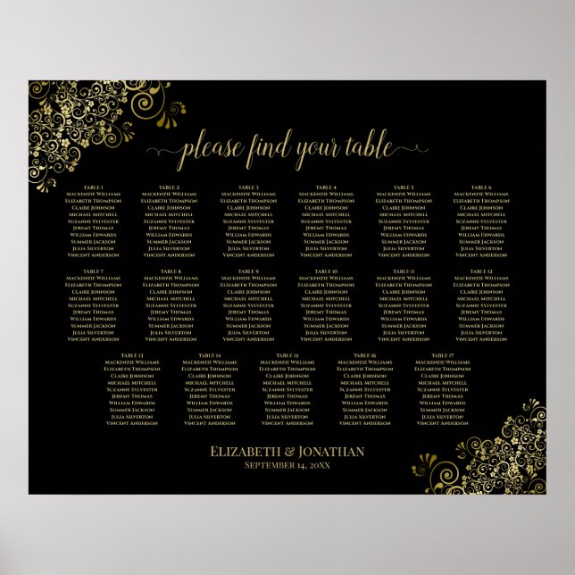 17 Table Gold Frills Black Wedding Seating Chart (Front)