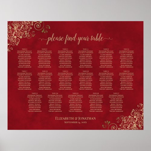 17 Table Gold Frills on Red Wedding Seating Chart