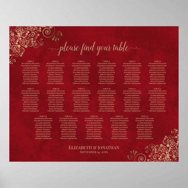 17 Table Gold Frills on Red Wedding Seating Chart (Front)